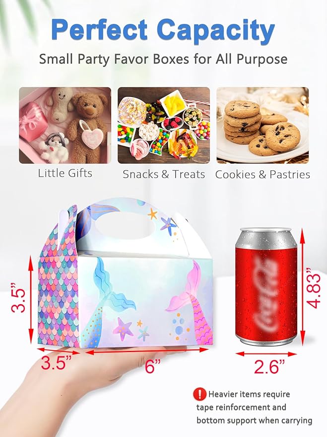 12 Pcs Small Party Treat Boxes, 6 Inch Candy Cookie Goodie Gift Bags Gable Box for Kids Birthday Party, Mermaid