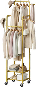 Clothing Rack with Wheels, 71" Portable Rolling Clothes Rack with 2 Shelves and 4 Hanging Rods, Small Garment Rack with 4 Hooks, Sturdy Metal Coat Rack for Bedroom, Laundry Room, Gold
