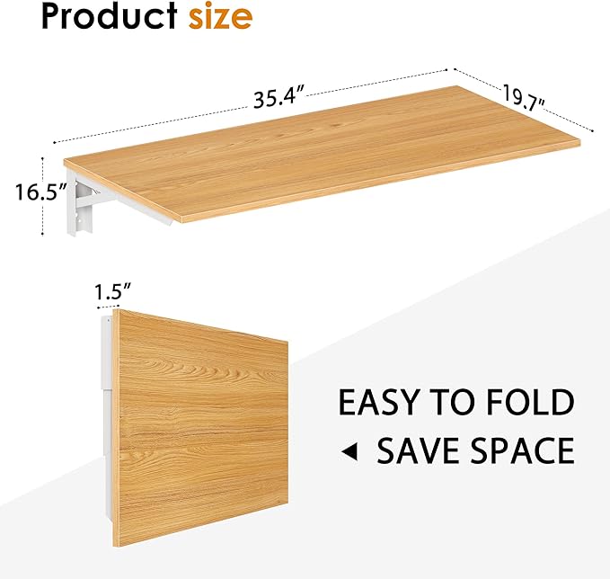 Need Wall Mounted Desk - Heavy Duty Folding Work Table Length 36" Width 20"/Small Space Hanging Desk Perfect Addition to Home/Office/Kitchen & Dining Room Teak&White AC15-9050TW-ND
