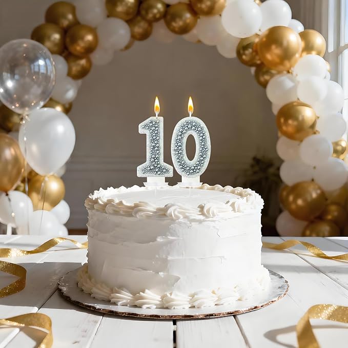 10 Birthday Number Candle for Cake, Glitter Number Candle with Silver Beads, Decorative Cake Topper for Milestone Celebrations