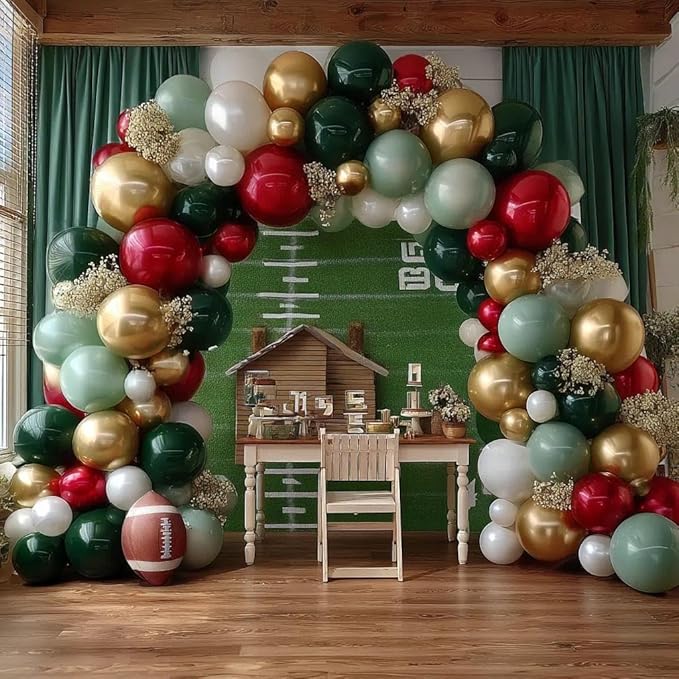 Soccer Balloon Arch Kit, Double Stuffed Dark Green Red Pearl White Gold Balloons Emerald Green Burgundy Balloon Garland for Boys Soccers Football Sports Theme Birthday Graduation Party Decorations