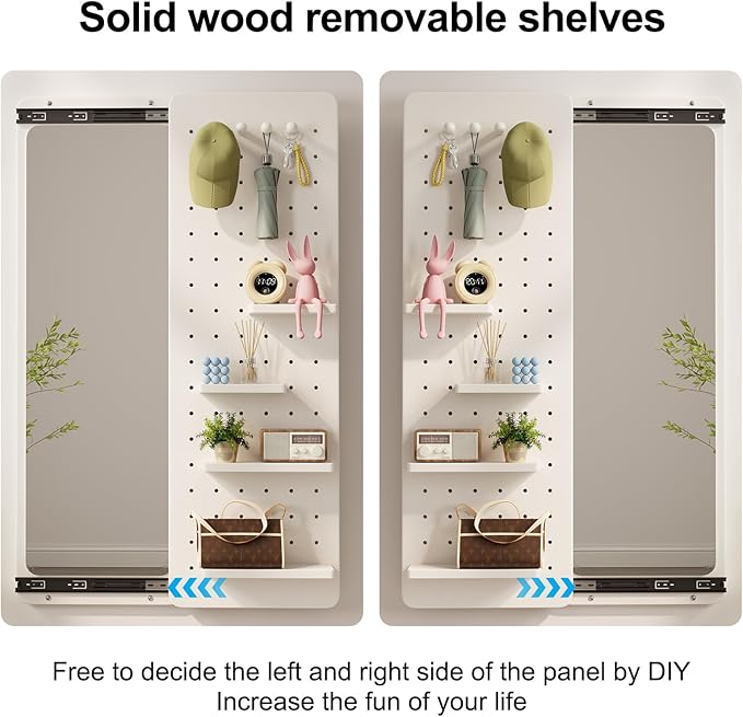 KungFuWood Full Length Mirror with Shelf and Hooks,Entry Way Mirrors for Wall,Wall Mirror with Shelf,Wall Mirror with Storage Multifunctional Design Panel,Living Room