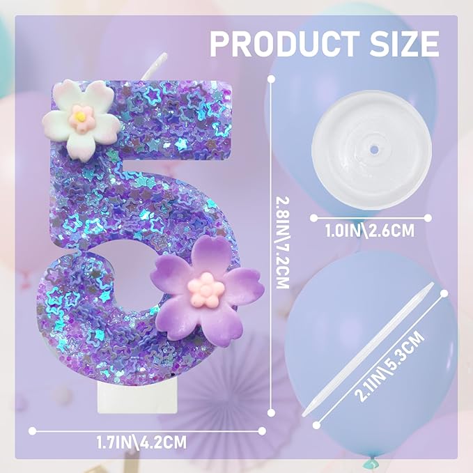 Purple Flower Birthday Candle,Number 5 Birthday Candles for Cake, Ideal Birthday Parties Cake Decor, Wedding Anniversary and Other Celebrations (Number 5, Purple)
