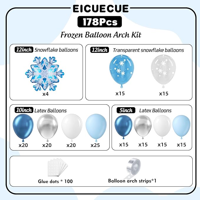 Frozen Balloons Garland Arch Kit - 178Pcs Winter Wonderland Snowflake Blue Silver White Balloon for Winter Wonderland Theme Baby Shower Christmas Snow Girl Princess Birthday Party Decorations