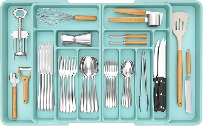 Lifewit Silverware Drawer Organizer, Expandable BPA Free Plastic Utensil Tray for Kitchen, Adjustable Flatware Cutlery Holder for Spoons Forks Knives, 21.3- 36 x 16.9", Turquoise