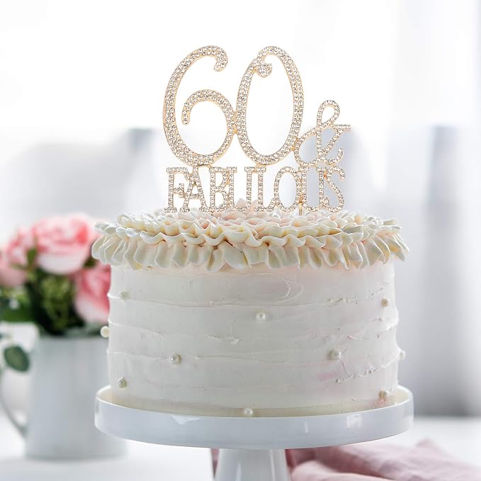 60 & Fabulous Cake Topper 60 Years Birthday Or 60th Wedding Anniversary Gold Crystal Rhinestone Party Decoration
