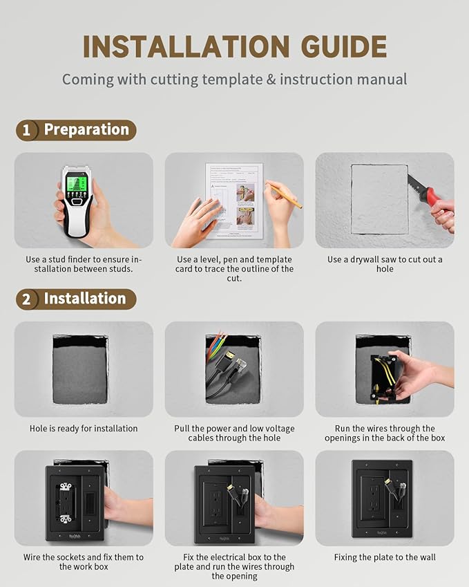 in Wall Cable Management Kit for TV, Recessed Outlet for Low Voltage Cables, TV Cable Hider Wall Kit, Cord Hider for Wall Mount TV, Wall Cable Management Box for Home & Office, Black