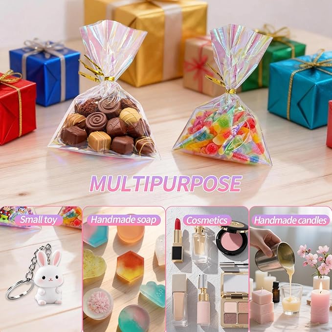 Amzlysdok 100PCS Iridescent Cellophane Bags,5 x 7 Inches Treat Bags with Twist Ties for Candy, Snacks, Cookies,Party Favors, and Gift Wrapping