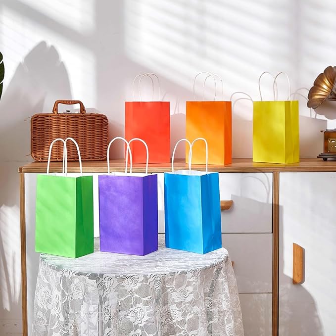 SUNCOLOR 12-Pack Yellow Gift Bags with Handles, 8 Inch Recyclable Paper Goodie Bags for Party Favors, Easter, Birthdays, Baby Showers