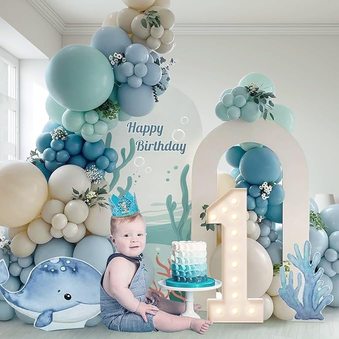 147pcs Under the Sea Balloons Garland Arch Kit with Dusty Slate Blue Pastel Green Sand White Latex Balloons for Ocean Themed Under the Sea Baby Shower Birthday Party Decorations