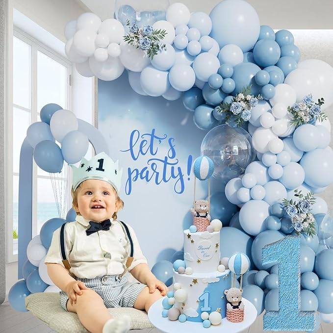 162pcs Dusty Blue Balloon Arch Kit Dusty Blue and White Balloon Garland Arch Kit with Baby blue Light Blue and Clear Balloon for Baby Shower Birthday Bridal Shower Wedding Gender Reveal Party Supplies