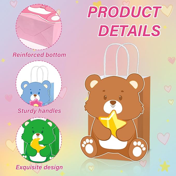 MinFyberd Cute Bear Party Favor Bags Cute Bears Paper Gift Bags with Handle Bear Goodie Candy Treat Bag Colorful Bears Birthday Party Decorations for Boy Girl Kids Birthday Baby Shower Supplies(12Pcs)