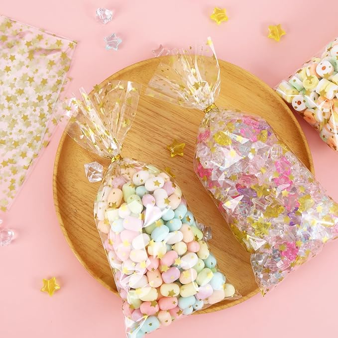 100Pcs Cellophane Treat Bags,4 X 9 Inches Gold Star Printed Clear Cellophane Bags,100 Twist Ties, for Cookies, Chocolate, Bakery, Party Favors, Gift Wrapping, Holiday & Classroom Gifts