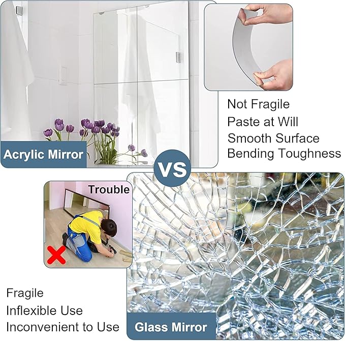 JUNEBRUSHS 4 Pack Self Adhesive Acrylic Mirror, 12X 12 Inch Mirror Tiles,Flexible Plastic Mirrors Sheets Wall Stickers,2MM Thick Mirrors,Frameless Small Mirror
