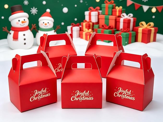 XAGLVV 24 Pack Red Cardboard Gable Boxes with Handles,Treat Goodie Party Favor Gift Box for Wedding, Birthday, Baby Shower and Any Theme Party