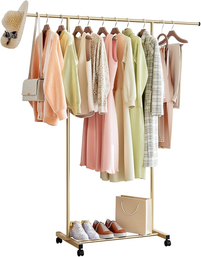 SUOERNUO Clothes Rack with Wheels Rolling Clothing Rack for Hanging Clothes, Portable Metal Garment Rack for Bedroom Laundry Living Room (Gold, 59.05"*15.75"*59.45")
