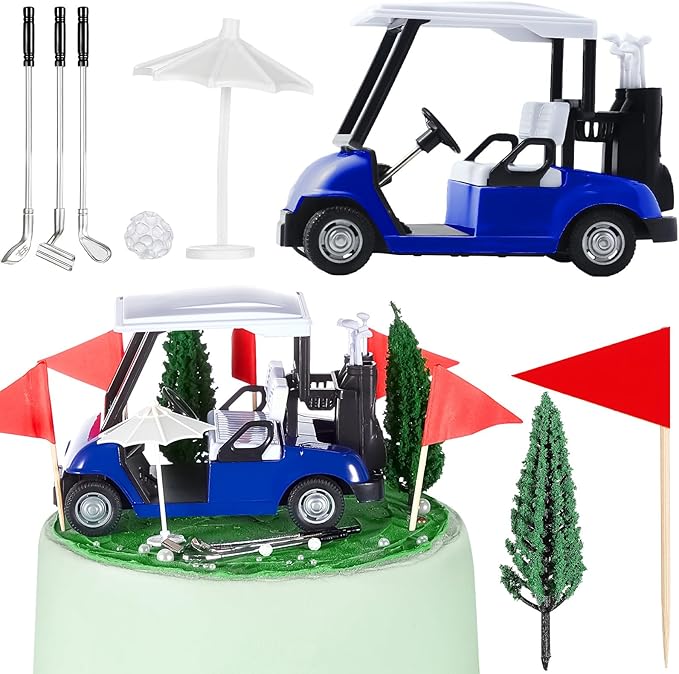 Leitee 21 Pcs Golf Cake Topper Cake Decoration Cupcake Topper Include Mini Cart Red Flag Ball Green Tree Club Sun Umbrella for Golf Themed Birthday(Blue,Classic)