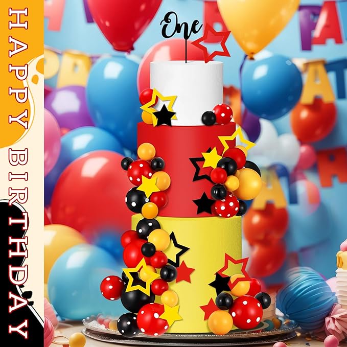 57 Pcs Black Red Yellow Ball Star Cake Topper Set Cartoon Cake Decorations with Flag DIY Insert Topper for One Two Years Happy Birthday Decorations Baby Shower Party Supplies(One Year)
