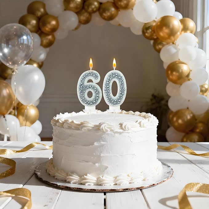 60 Birthday Number Candle for Cake, Glitter Number Candle with Silver Beads, Decorative Cake Topper for Milestone Celebrations