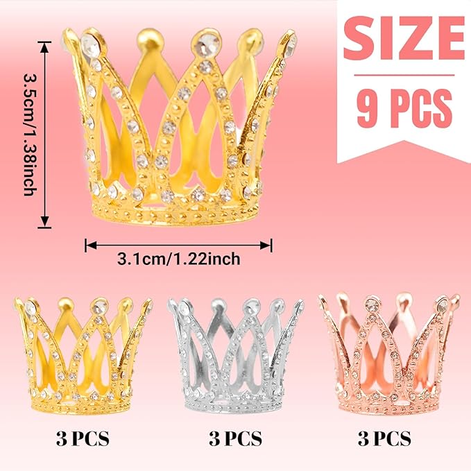 9PCS Crown Cake Topper Mini Tiara for Flower Arrangements Vintage Pearl Rhinestone Crown Cake Topper Cupcake Topper Cake Decorations for Birthday Wedding Anniversity Party Baby Shower (3 Colors)