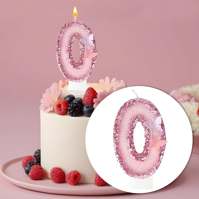 Birthday Candles，Glitter Butterfly Cake Toppers Pink Sequins Wedding Numeral Cupcake Decorations，Suitable for Girl and boy Wedding Cakes, Party Celebrations, Birthday Decorations (Number 0)