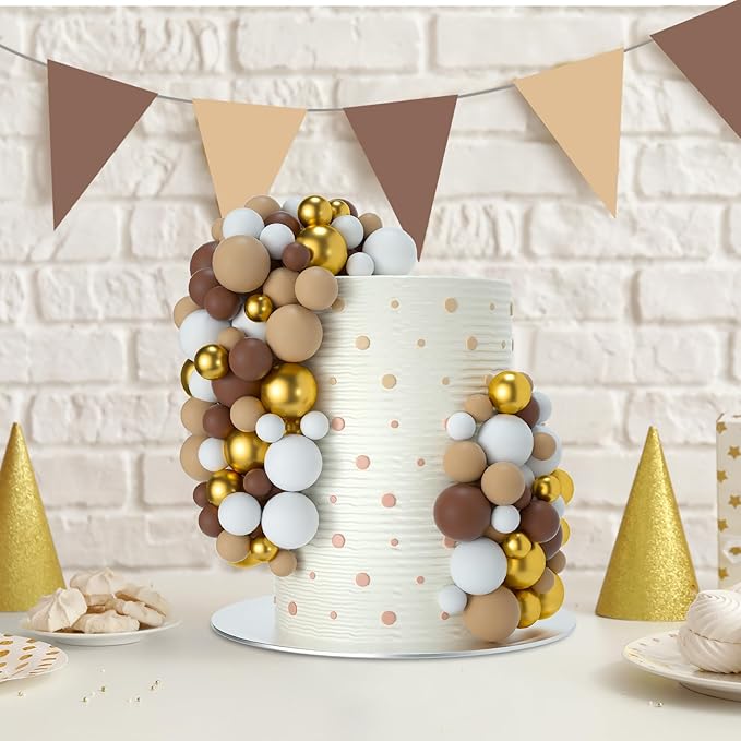 NACHLYNN 80 Pcs Cake Balls Decorations Mini Balloon Cake Topper Balls Foam Cupcake Toppers Balls for Cake Decorating Birthday Parties Weddings Anniversary (Brown Gold Series)