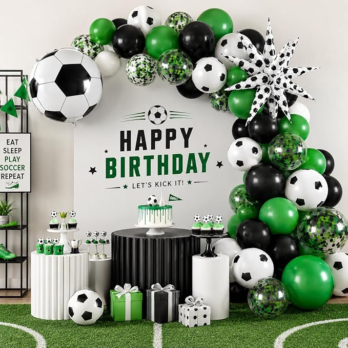 Football Balloons, 12 Inch Soccer Balloons with Green Black White Latex Soccer Printed Star Foil Balloons With Ribbons for Football Sport Theme Party Decorations Birthday Supplies