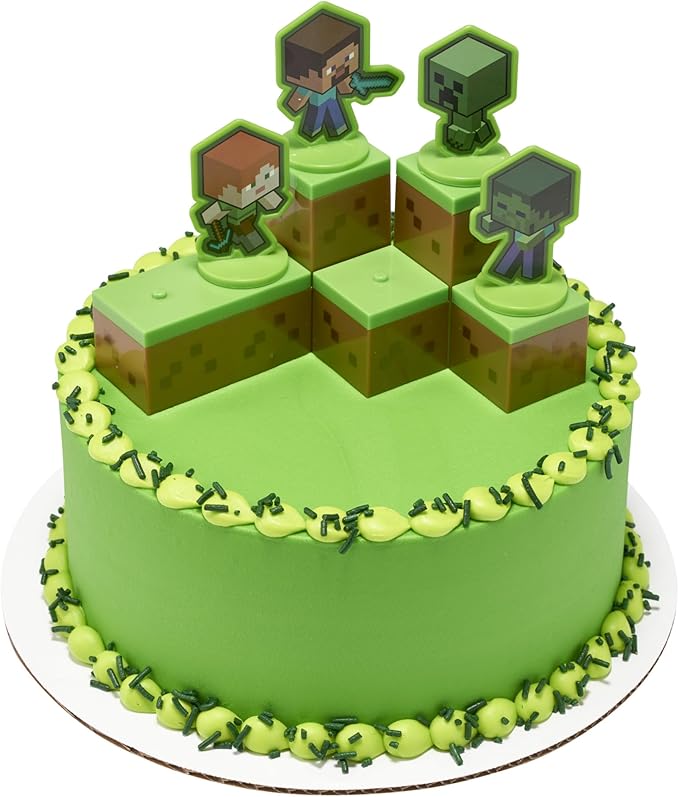 DecoSet® Mobs Beware Minecraft Cake Topper, 6-Piece Stackable Cake Decoration, Interlocking 3D Blocks With Characters, Food Safe Birthday Cake Decoration