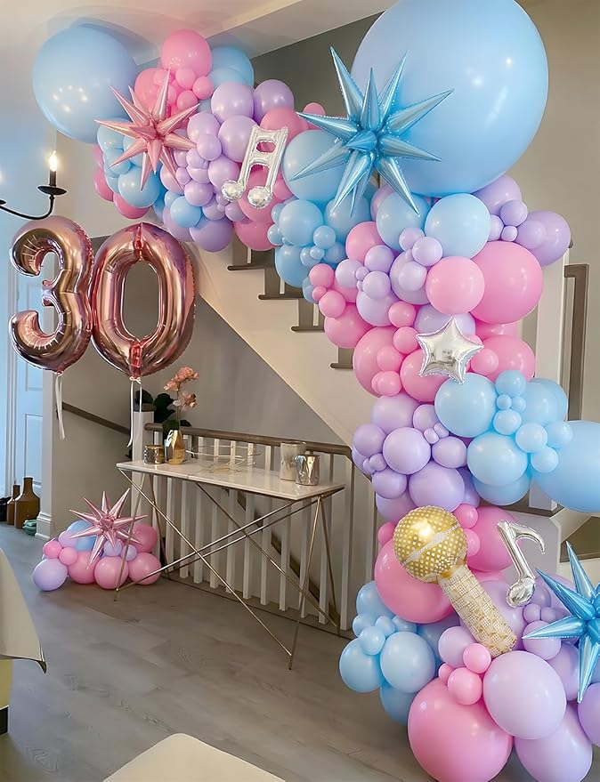Pink Purple Blue Balloon Garland Arch Kit, Pastel Balloons with Microphone, Music Notes & Star Foil Balloons for Girls Birthday, Karaoke, Pop Music Theme Party Decorations