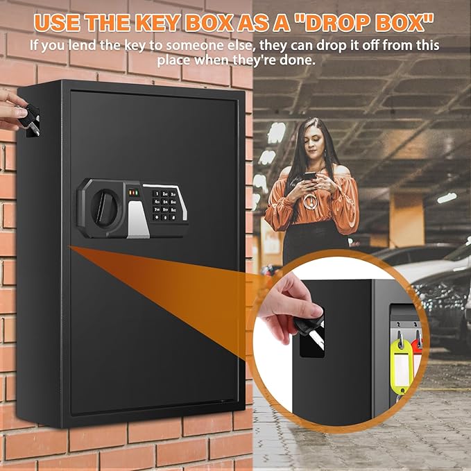 Nebakne 200 Keys Fireproof Key Safe with Hook Plates and Key Tags, Anti-Theft Key Lock Box Wall Mount with Combination Lock, Heavy Duty Key Box Key Cabinet Key Organizer for Home Office Garage