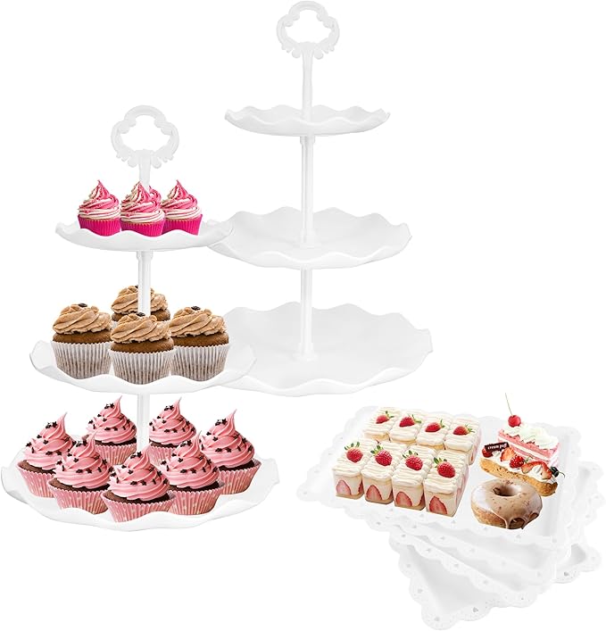 6 Pcs Cupcake Stand White Dessert Table Display Set 2 Pcs 3 Tier Plastic Cake Stand Holder 4 Pcs Dessert Serving Tray Cookie Platter Rack Tower for Tea Party Wedding Baby Shower