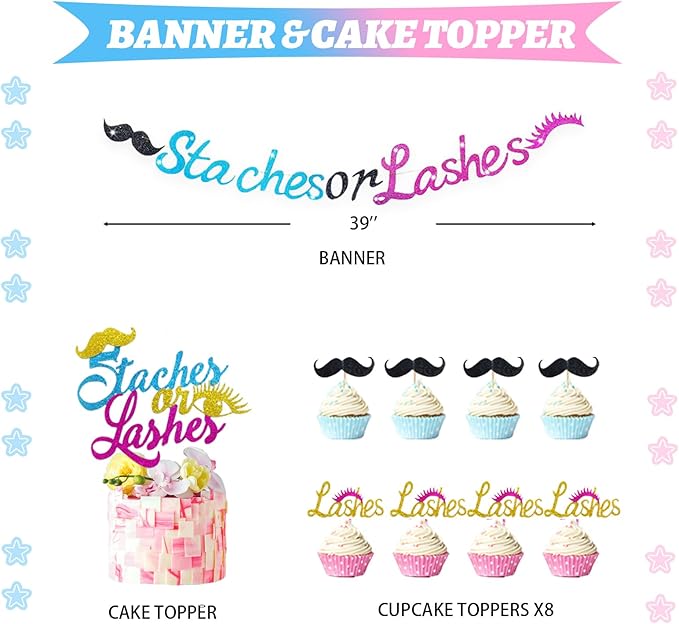 Hombae Staches or Lashes Gender Reveal Decorations, 169 PCs Boy or Girl Gender Reveal Decorations Backdrop Balloon Garland Banner Tablecloth Cake Cupcake Topper Box Cutout Poster Sash Pink Blue