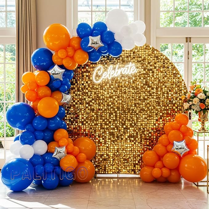 Blue, Orange and White Balloon Arch Kit with Silver Star Foil – Double-Stuffed 5" 12" 18" Balloons for Football, Back to School, Fall Baby Shower, Boys Birthday & Halloween Decor