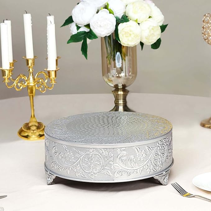 Efavormart 18" Silver Round Embossed Metal Cake Plateau Stand, Wedding Dessert Table Display Riser