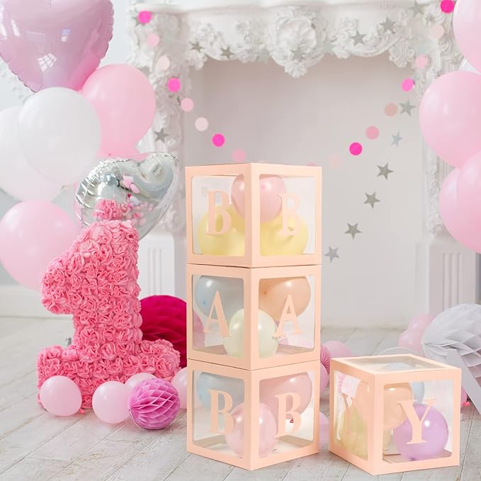 Voircoloria Baby Boxes with 42pcs Letters for Baby Shower Transparent Balloon Boxes Clear Balloon Box Blocks for Boy Girl Gender Reveal Party and Birthday Party (Pink)