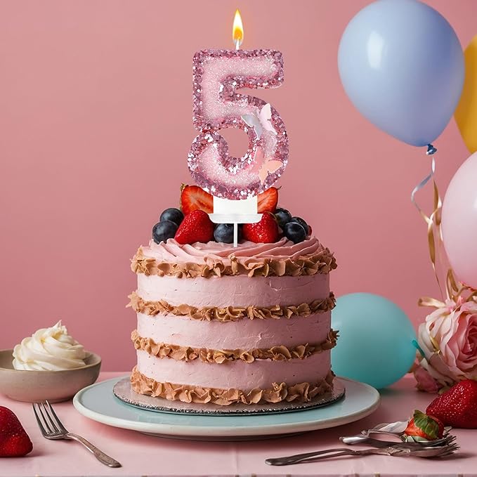 5th Birthday Candles，Glitter Butterfly Cake Toppers Pink Sequins Wedding Numeral Cupcake Decorations，Suitable for Girl and boy Wedding Cakes, Party Celebrations, Birthday Decorations