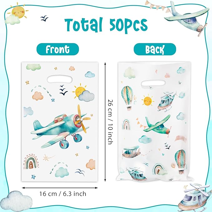 Airplane Party Favor Bags - 50Pcs Plastic Snack Candy Treat Gift Bag with Handles Cute Boho Airplane Themed Party Supplies Decor for Baby Shower Kids Birthday