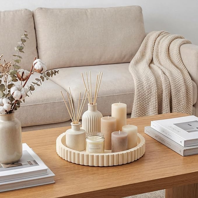 Yalikop Round Concrete Decorative Tray for Coffee Table Decoration 12" Modern Cream White Table Centerpieces Decorative Ottoman Tray for Serve Home Decoration Accent Bandejas Decorativas Gift
