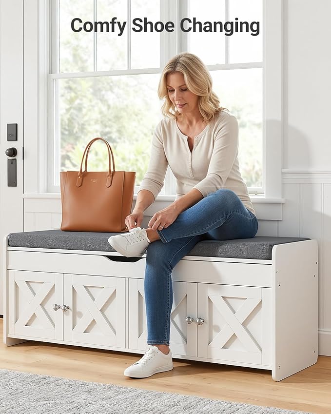 Pipishell Shoe Storage Bench, 2-Tier with Cushioned Seat, Entryway Bench with Adjustable Shelf & Barn Doors, 300 lbs Capacity, 47.2" x 15" x 18", for Entryway, Bedroom, Living Room, White