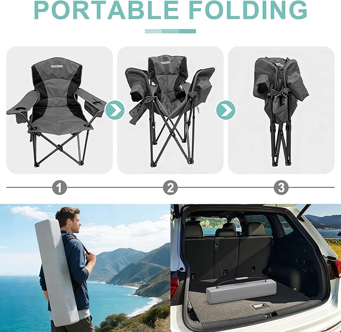 Oversized Camping Chairs 2 Pack - 500lbs Support Folding Camping Chair for Adults w/Padded Back & Arm Sport Chairs, Cup Holder Cooler Bag, Heavy Duty Portable Lawn Chairs for Sports Garden Beach