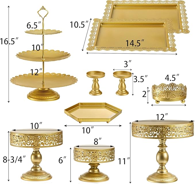 Jucoan 10 Pieces Gold Metal Cake Stand Set, Cupcake Holder Pastry Candy Fruits Serving Plate, Gold Dessert Table Stands and Trays Set for Wedding Birthday Baby Shower Bridal Shower Tea Party