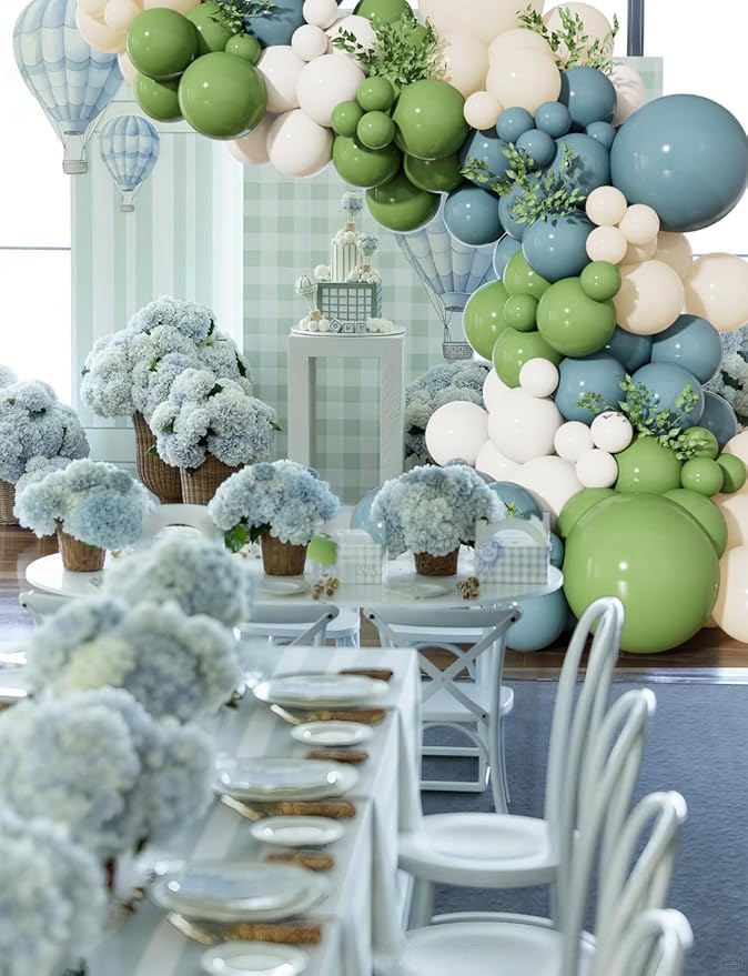 Dusty Blue Sage Green Balloon Arch Kit - Sage Green and White Balloons Dusty Blue Latex Balloon Sand WhiteParty Balloons for Baby Shower Birthday Wedding Jungle Safari Party Decorations, 143Pcs