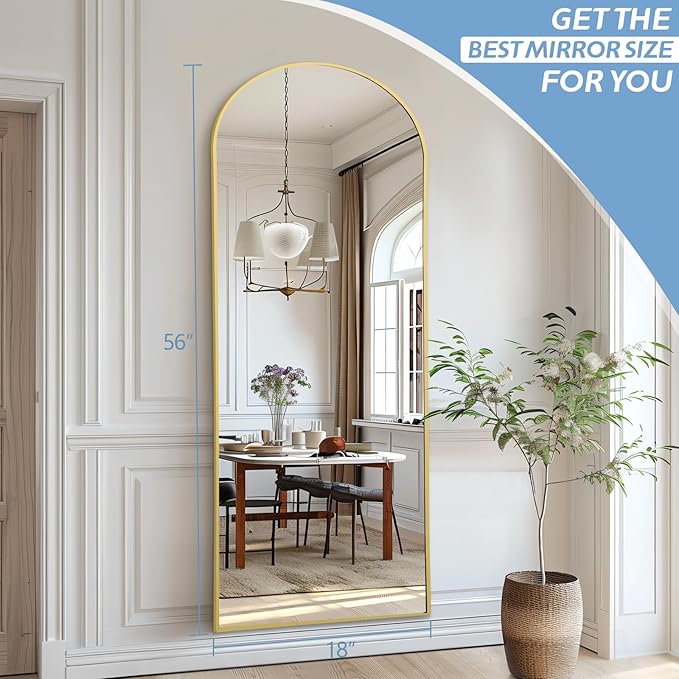Floor Mirror Full Length, 56"X18" Gold Arch Full Length Body Mirror Wall Mounted with Thin Aluminum Frame, Tempered Glass Long Standing Mirror for Bedroom Living Room Dorm