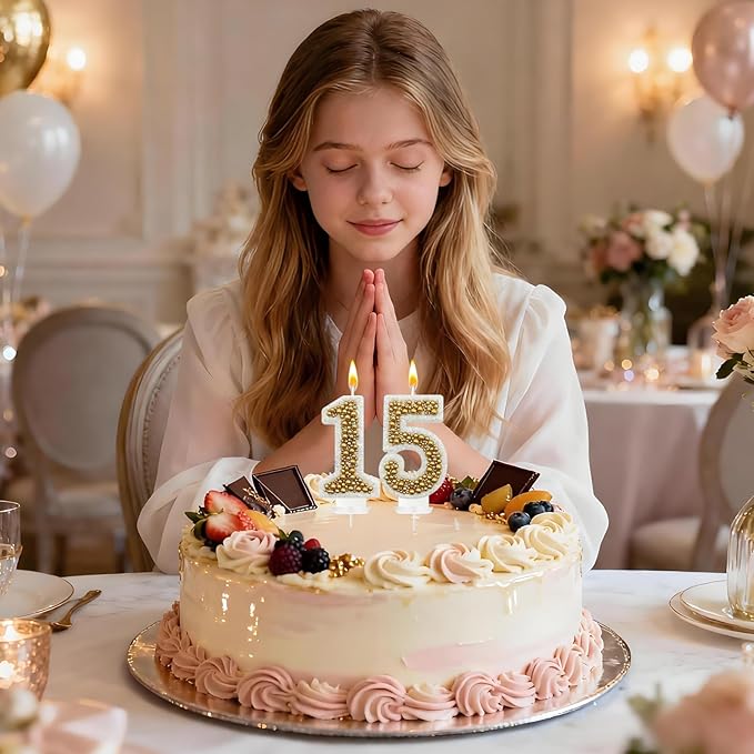 15 Birthday Number Candle for Cake, Glitter Number Candle with Gold Beads, Decorative Cake Topper for Milestone Celebrations
