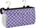 Purple Checkerboard Print Bedside Caddy Storage Bag Bedside Organizer for Bunk Bed Headboards College Organizer Caddy Hanging Shelf 6 Pockets with Hooks for Drinks Magazine Phone Holder