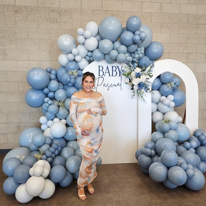 Dusty Blue Balloon Arch Kit, 102pcs Light Blue and White Difference Sizes Latex Balloons with 16ft Tape Strip & Dot Glue for Baby Shower, Birthday, Anniversary,Wedding Decoration