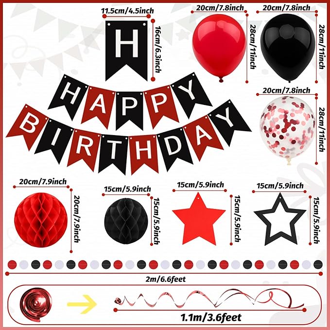 ZERODECO Black Red Birthday Decorations, Happy Birthday Banner with Honeycomb Ball, Hanging Swirl Streamer, Garland, Balloon Happy Birthday Party Decorations for Women Men Boys Girls
