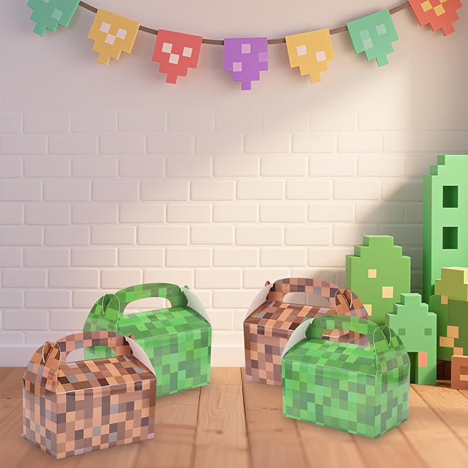 18pcs Pixel Theme Gift Box Bags, 2 Colors Pixel Candy Treat Boxes with Handles Video Game Goodie Party Favors for Boy Girls Birthday Game Party Supplies (Green & Brown)