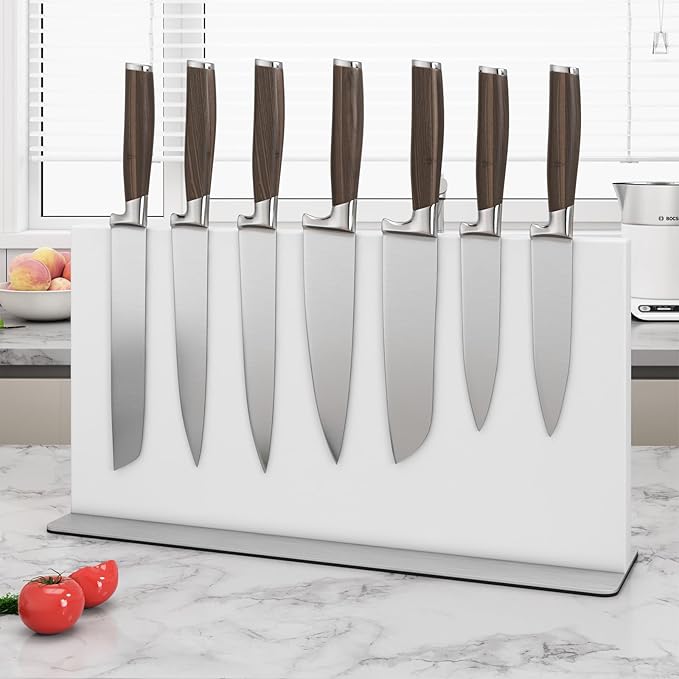THMINS Large White Magnetic Knife Block Stainless Steel Double-Sided Magnetic Knife Holder, Universal Multi-function Display Rack for Kitchen Counter