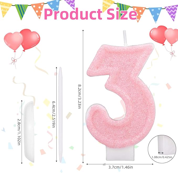 Pink Number Birthday Candles, Romantic Cake Glitter Pink Number Candles Anniversary Cake Topper Decoration Cute Birthday Party Supplies for Wedding Anniversary Celebration Supplies (3)